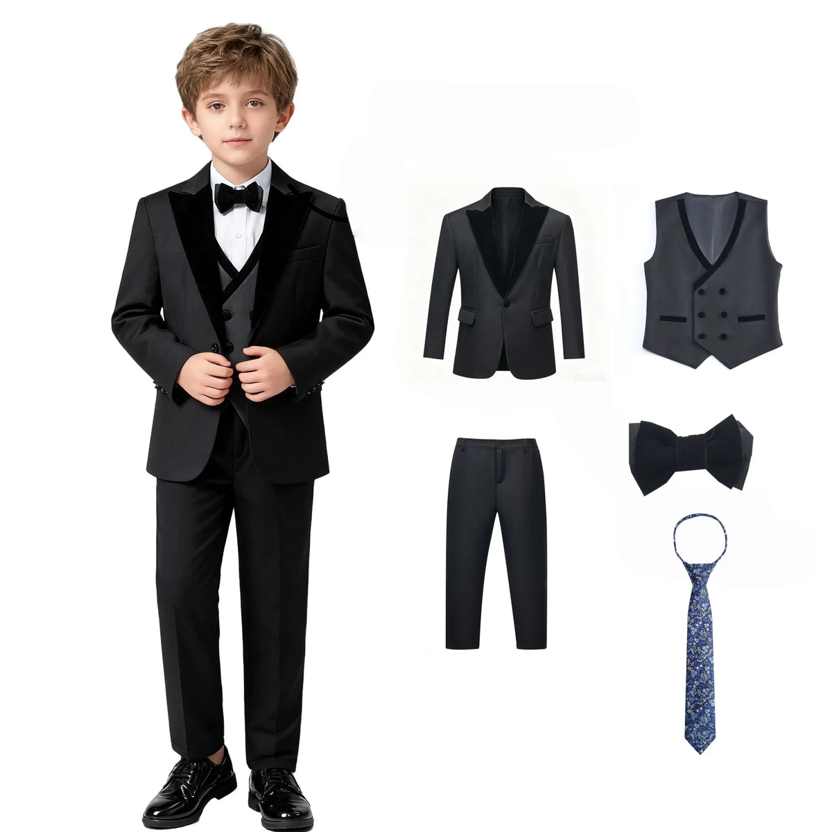 Boys’ 5-Piece Formal Suit Set with Bow Tie & Necktie – 3T–14T