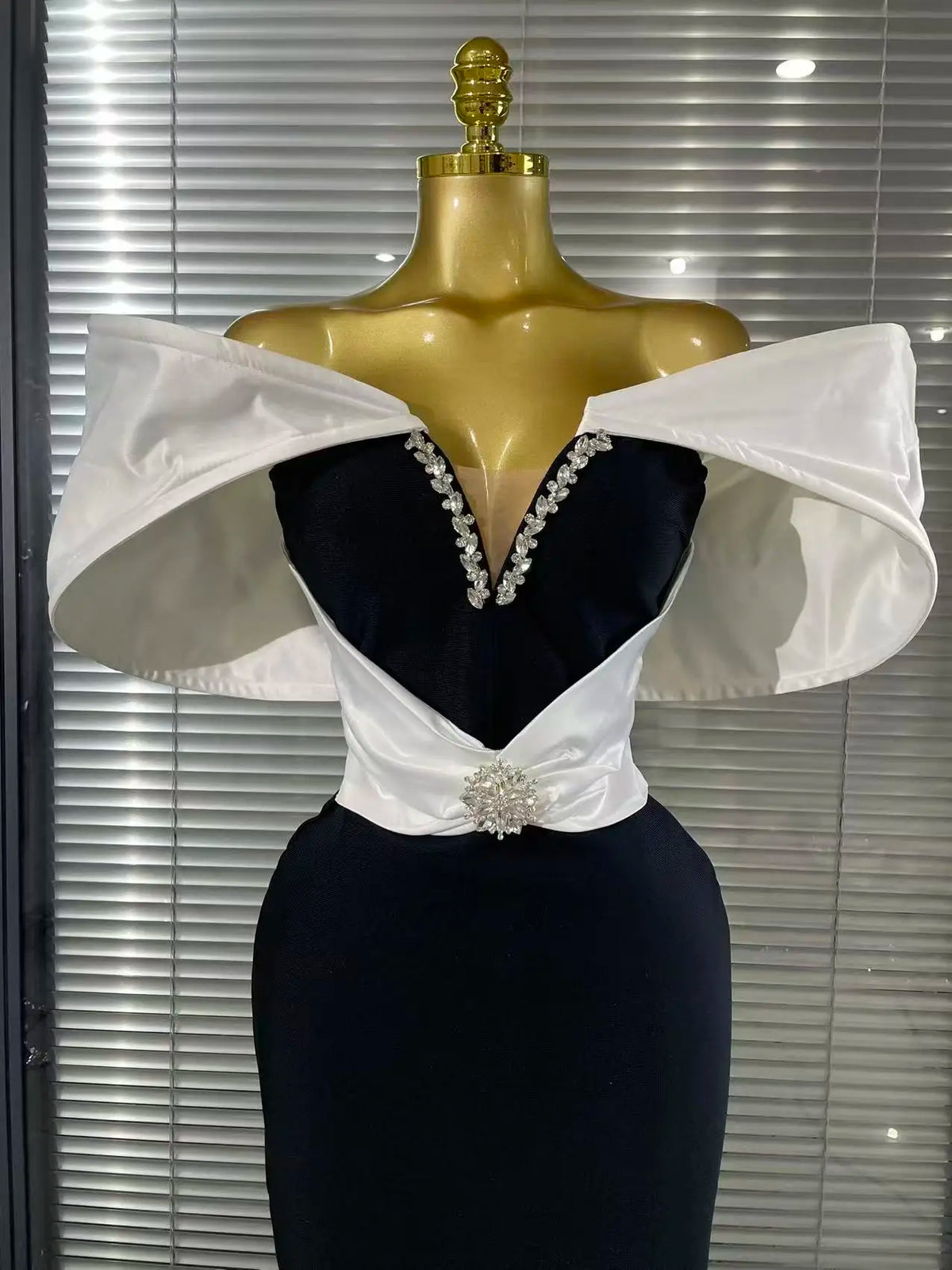 Black and White Off-Shoulder Embellished Evening Dress