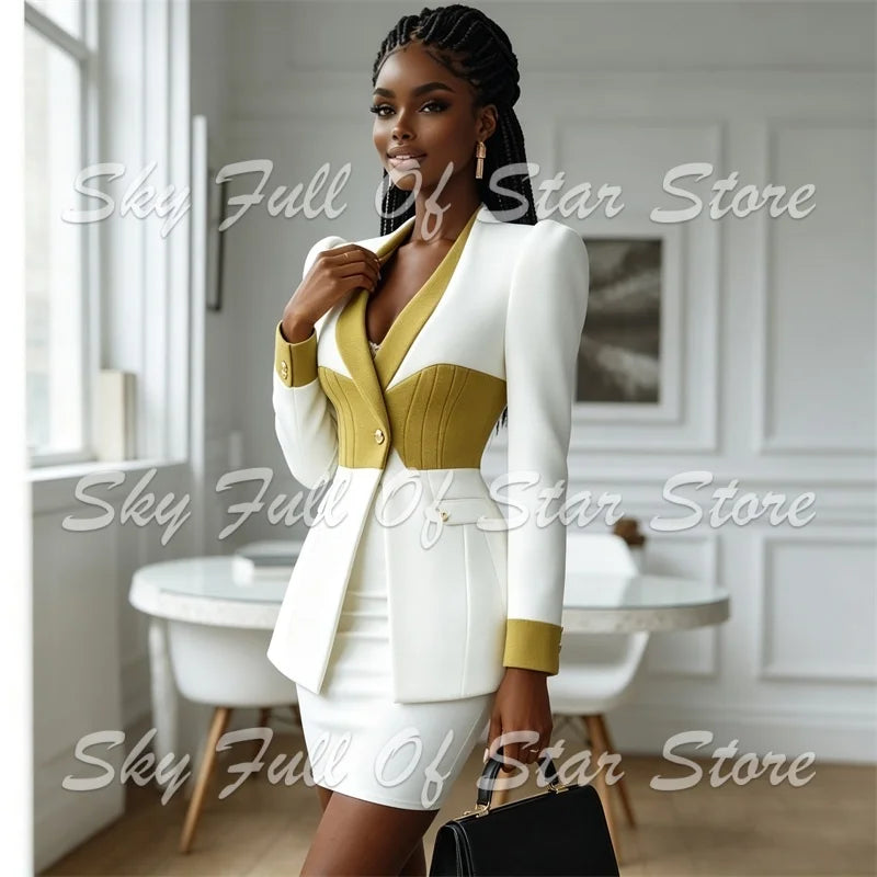 Contrast-Panel Peplum Blazer & Mini Skirt Set