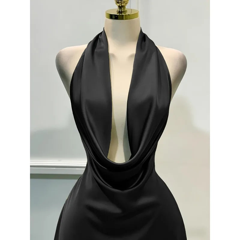 Satin Cowl-Neck Halter Mini Dress with Open Back