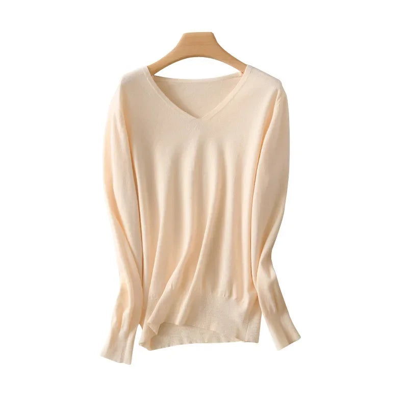 V-Neck Loose Knit Sweater, Soft Long Sleeve Pullover
