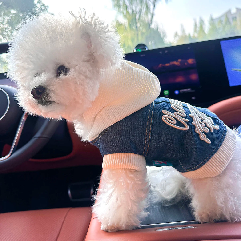Blue Denim-Look Dog Hoodie with White Hood & Embroidered Back