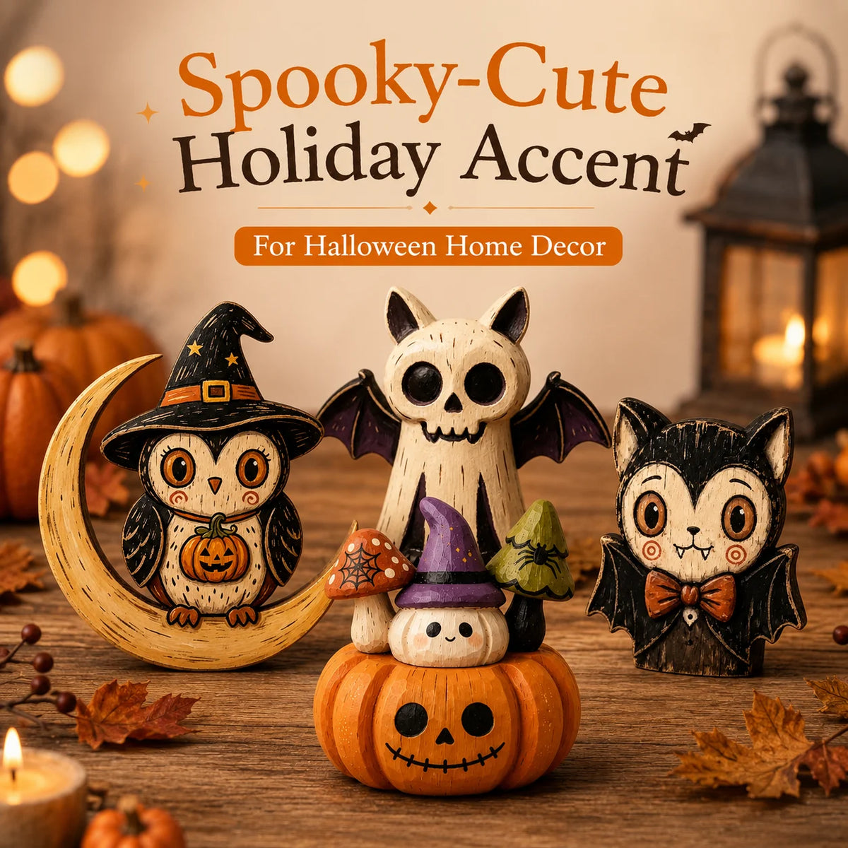 Wooden Halloween Tabletop Figures – Owl, Ghost, Pumpkin & Cat