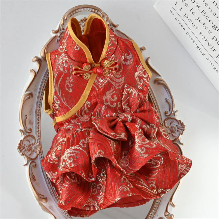 Chinese-Inspired Red & Gold Dog Dress with Bow
