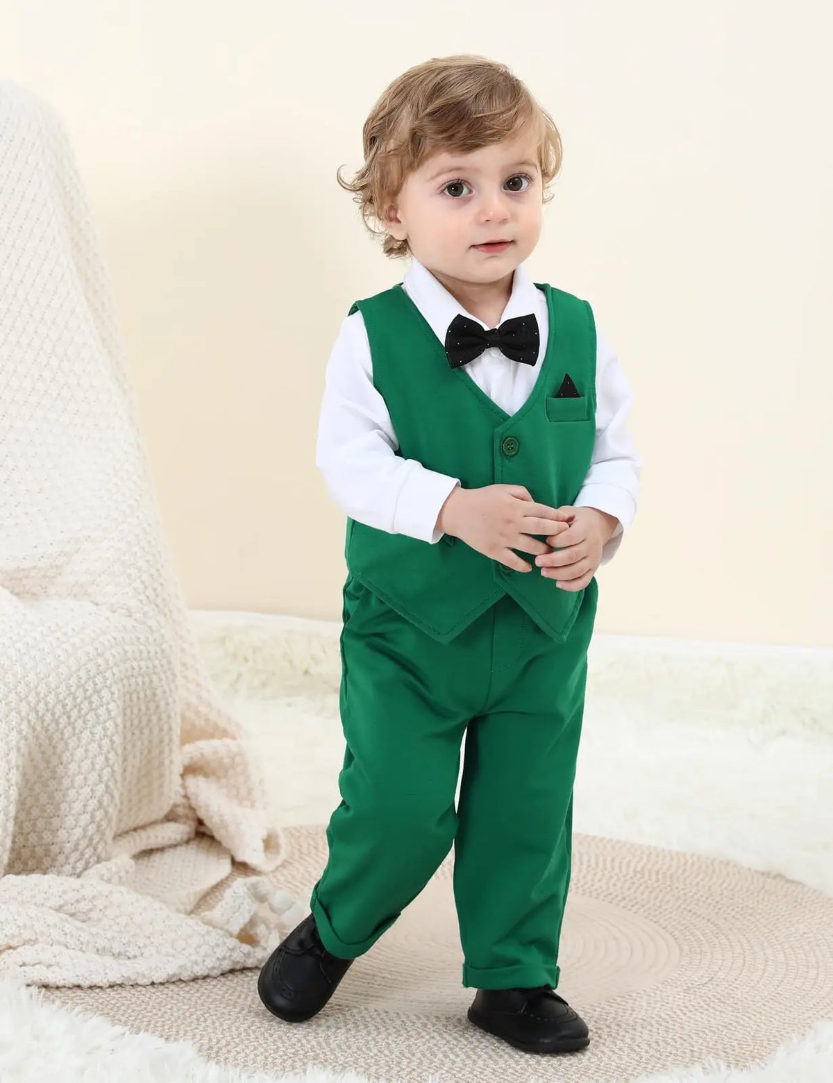 Baby Boys’ Formal Bodysuit, Vest & Trouser Set with Bow Tie – 3–18 Months