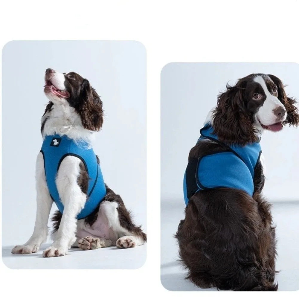 Adjustable Wraparound Dog Vest – Grey, Red & Blue