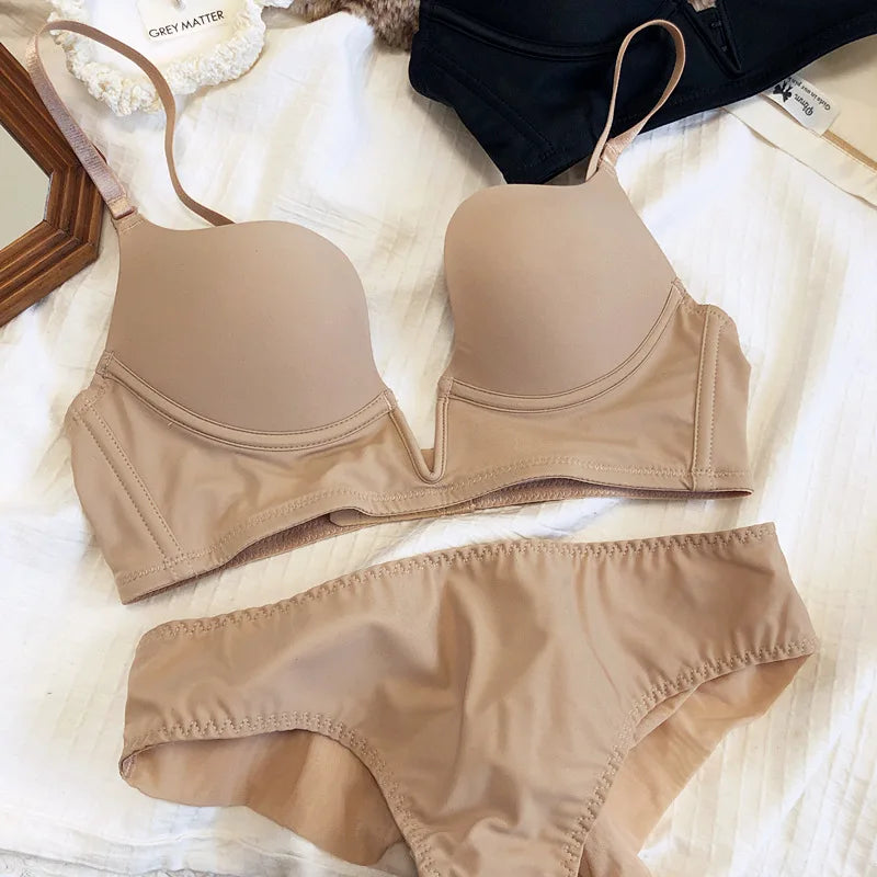 Seamless Plunge Push Up Bra and Brief Set
