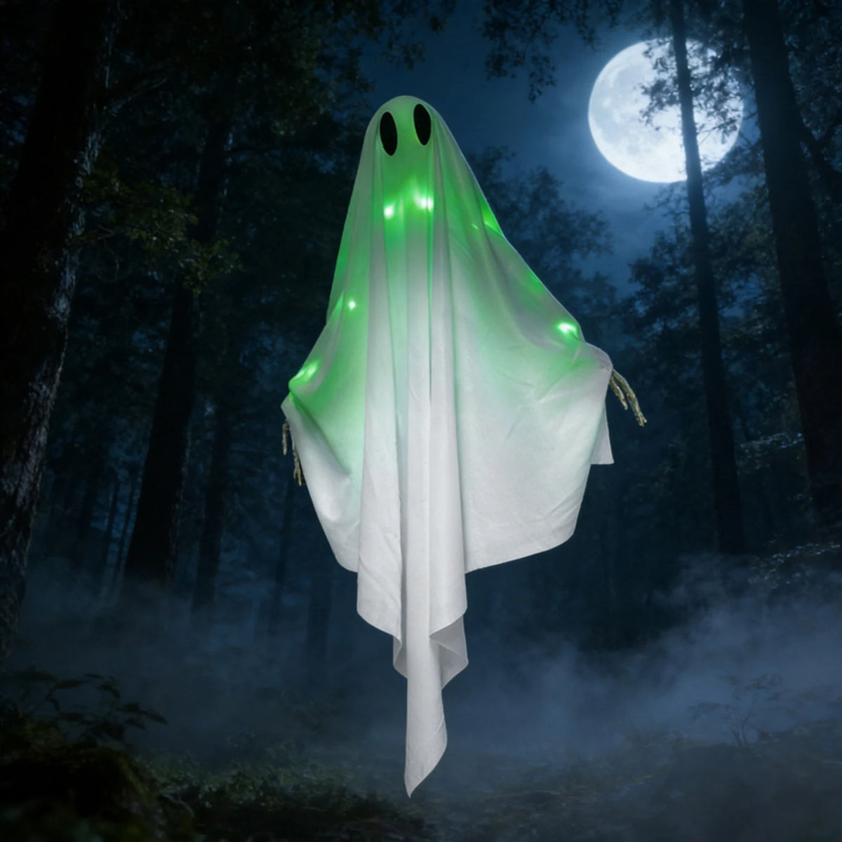 Green Light-Up Hanging Halloween Ghost – Skeleton Hands
