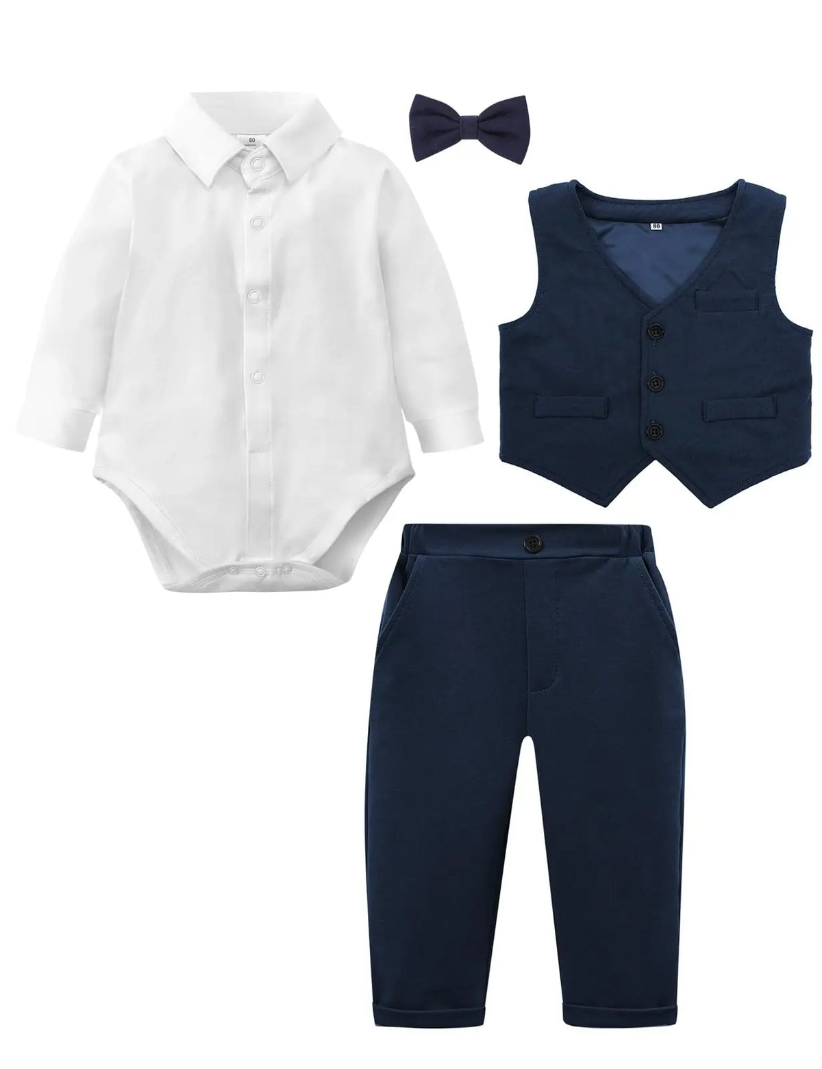 Baby Boys’ Formal Bodysuit, Vest & Trouser Set with Bow Tie – 3–18 Months
