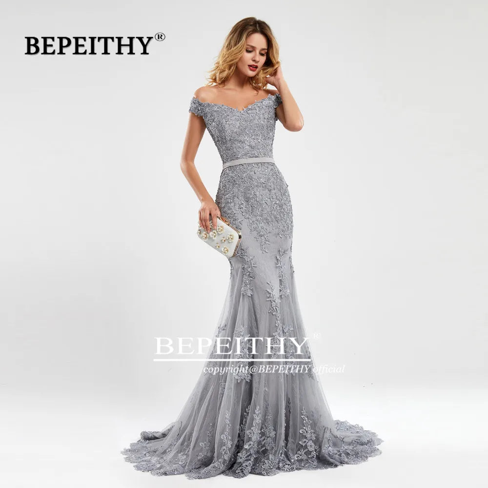 Off-Shoulder Lace Mermaid Evening Gown with Sweep Train