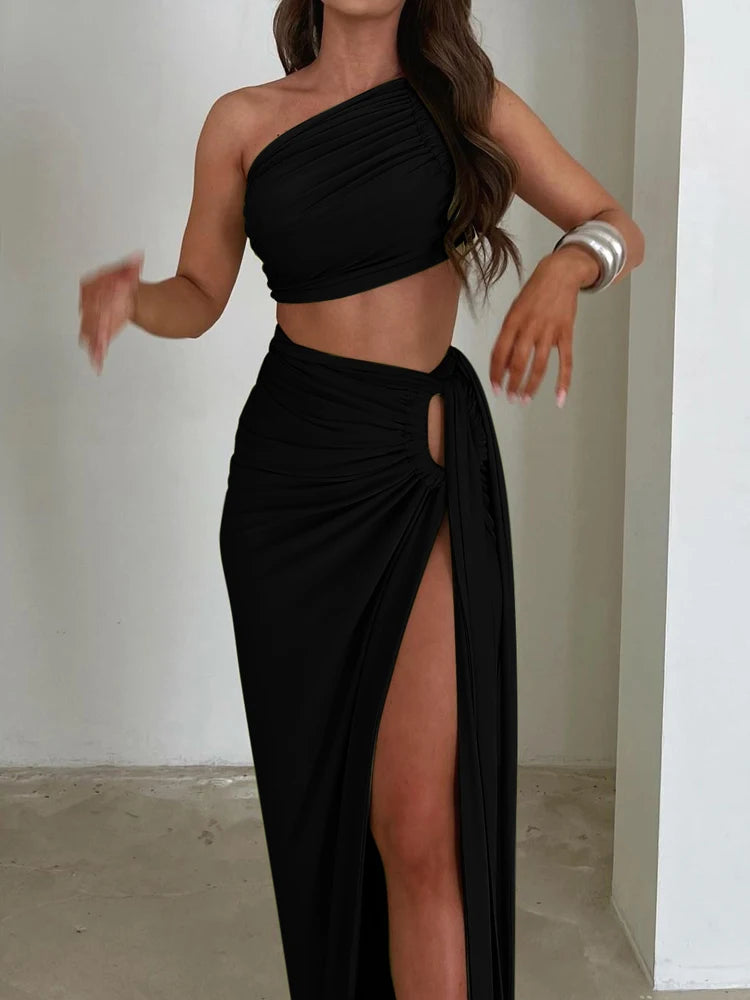 Beyprern Ruched Crop Top & High-Slit Maxi Skirt Set