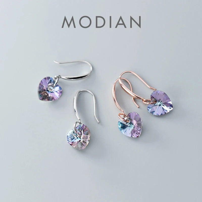 Rainbow Crystal Heart Drop Earrings – Silver or Rose-Gold Color