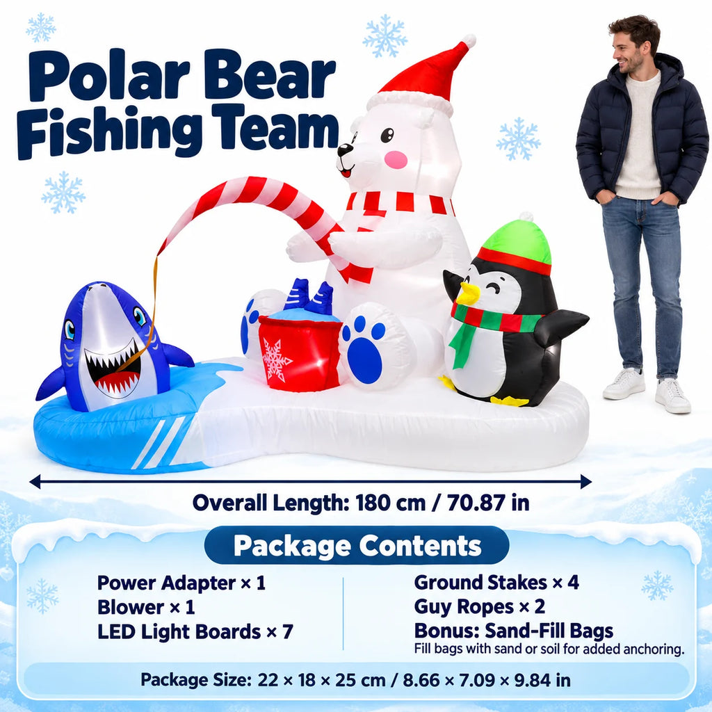 LED Christmas Inflatable Polar Bear Fishing Scene with Penguin & Shark