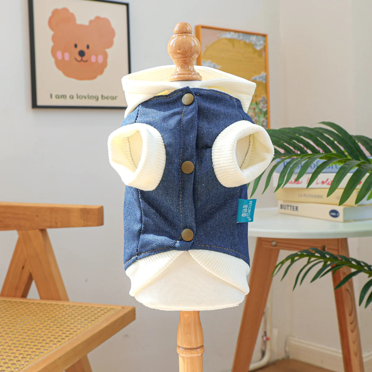 Blue Denim-Look Dog Hoodie with White Hood & Embroidered Back