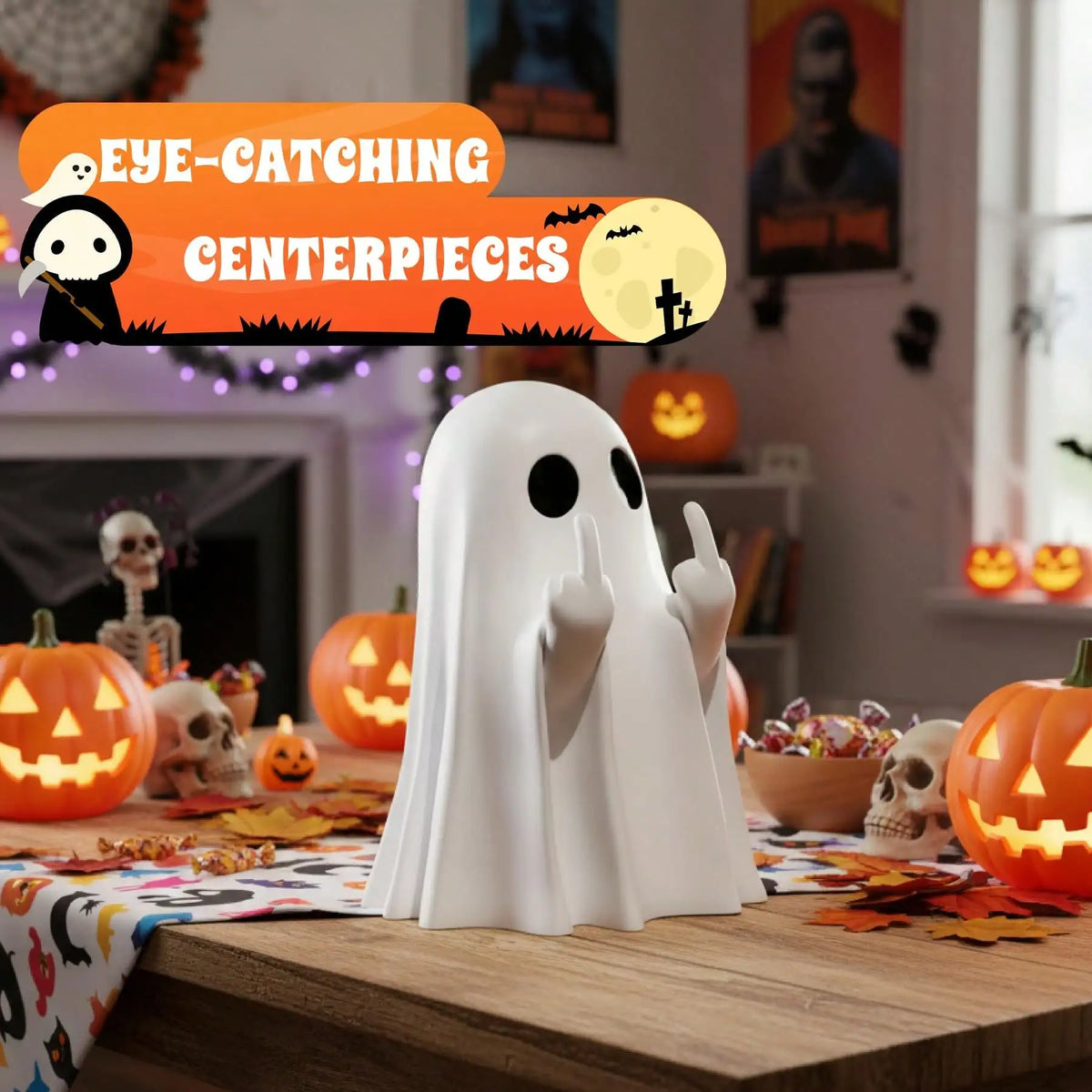 Cheeky Middle-Finger Ghost Halloween Figurine