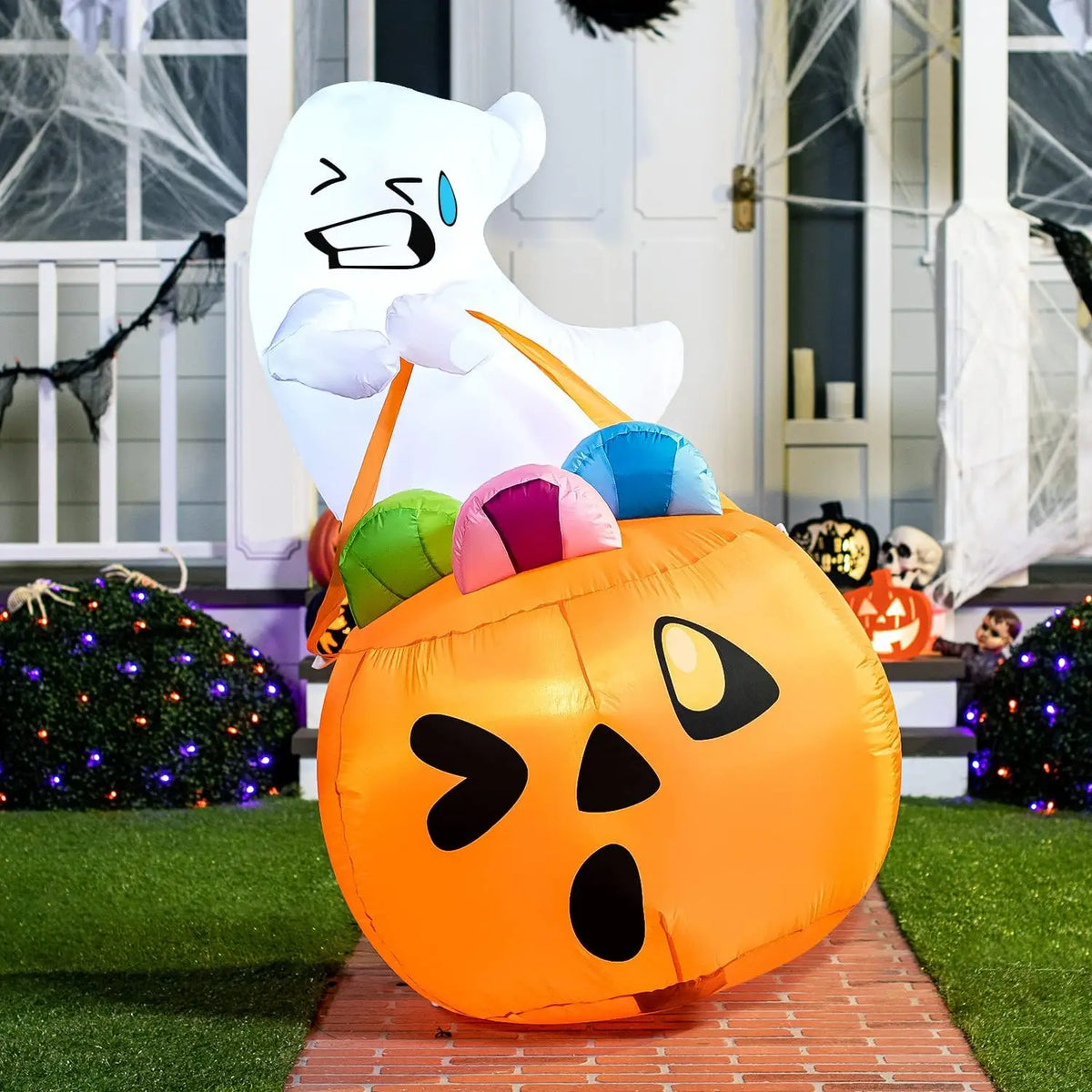 5-Foot LED Halloween Inflatable Ghost with Pumpkin Candy Bag