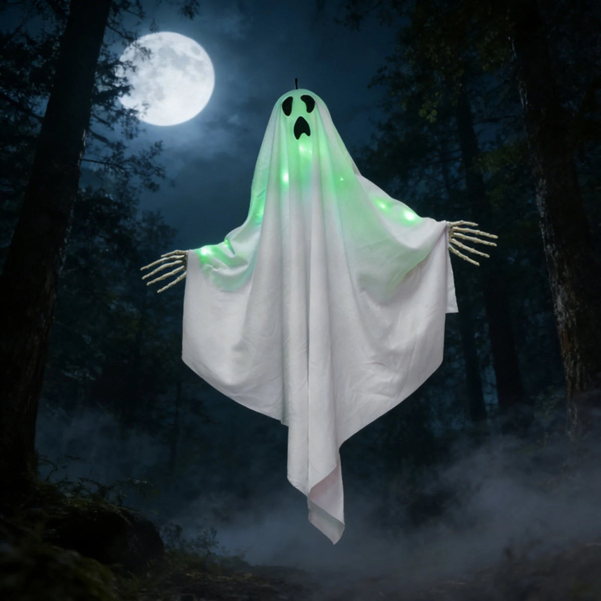 Green Light-Up Hanging Halloween Ghost – Skeleton Hands