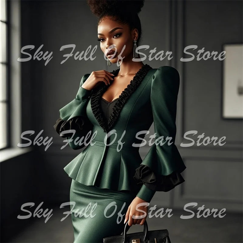 Ruffle-Trim Peplum Blazer & Pencil Skirt Set