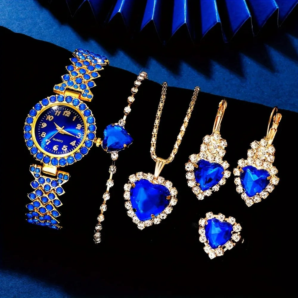 Women’s 6-Piece Quartz Watch & Jewelry Set – Blue or Red