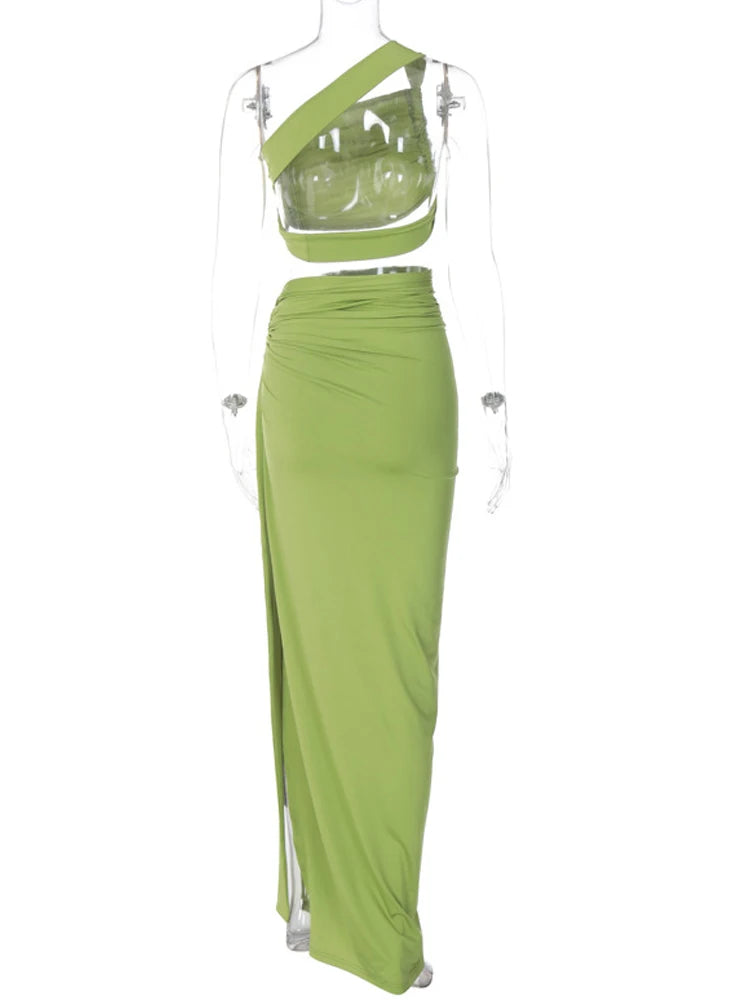Beyprern Ruched Crop Top & High-Slit Maxi Skirt Set