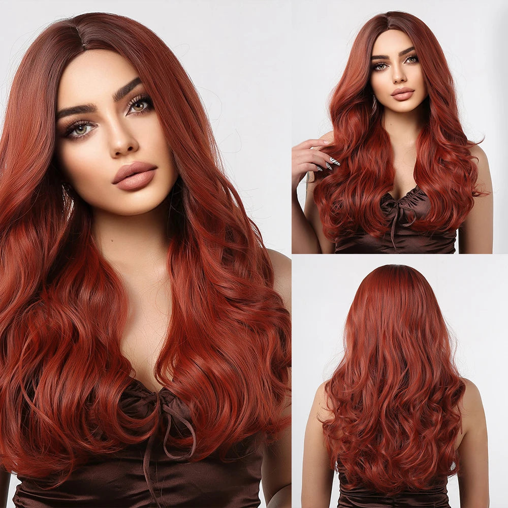 Long Wavy Middle-Part Synthetic Wig, Ombre Colors