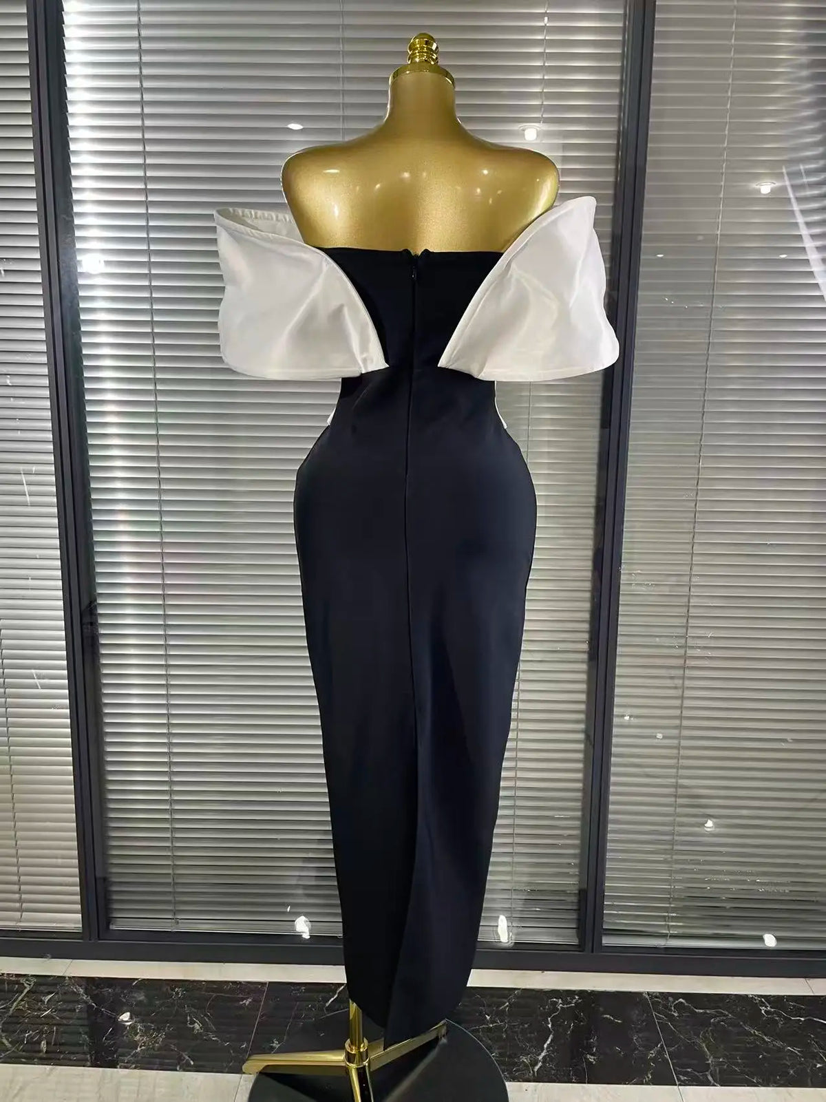 Black and White Off-Shoulder Embellished Evening Dress