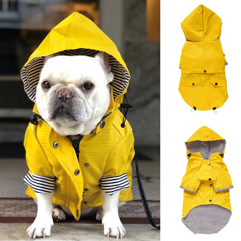 Yellow Hooded Dog Coat with Striped Lining