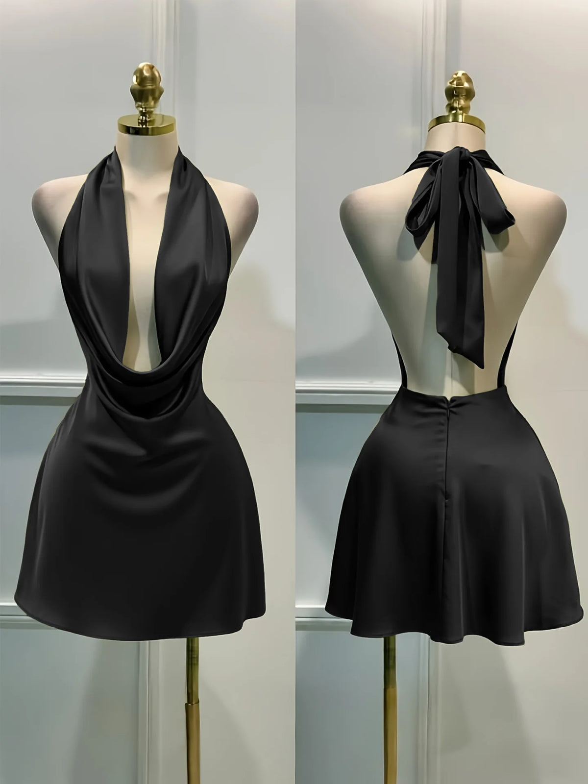 Satin Cowl-Neck Halter Mini Dress with Open Back