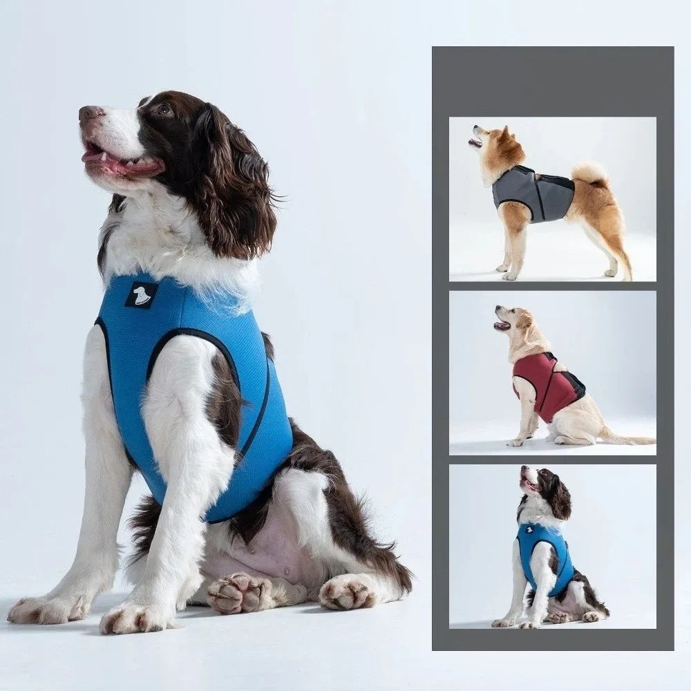 Adjustable Wraparound Dog Vest – Grey, Red & Blue