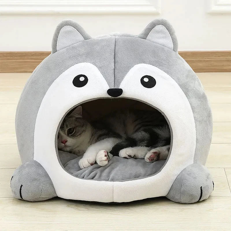 Husky-Shaped Plush Cat Cave Bed – Three Sizes