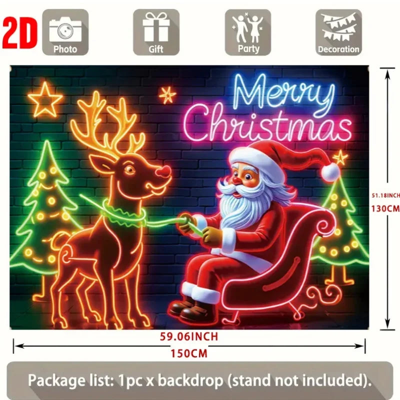Neon-Style Santa & Reindeer Christmas Photo Backdrop