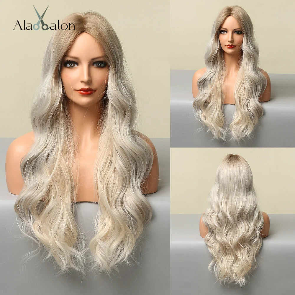 Long Wavy Middle-Part Synthetic Wig, Ombre Colors