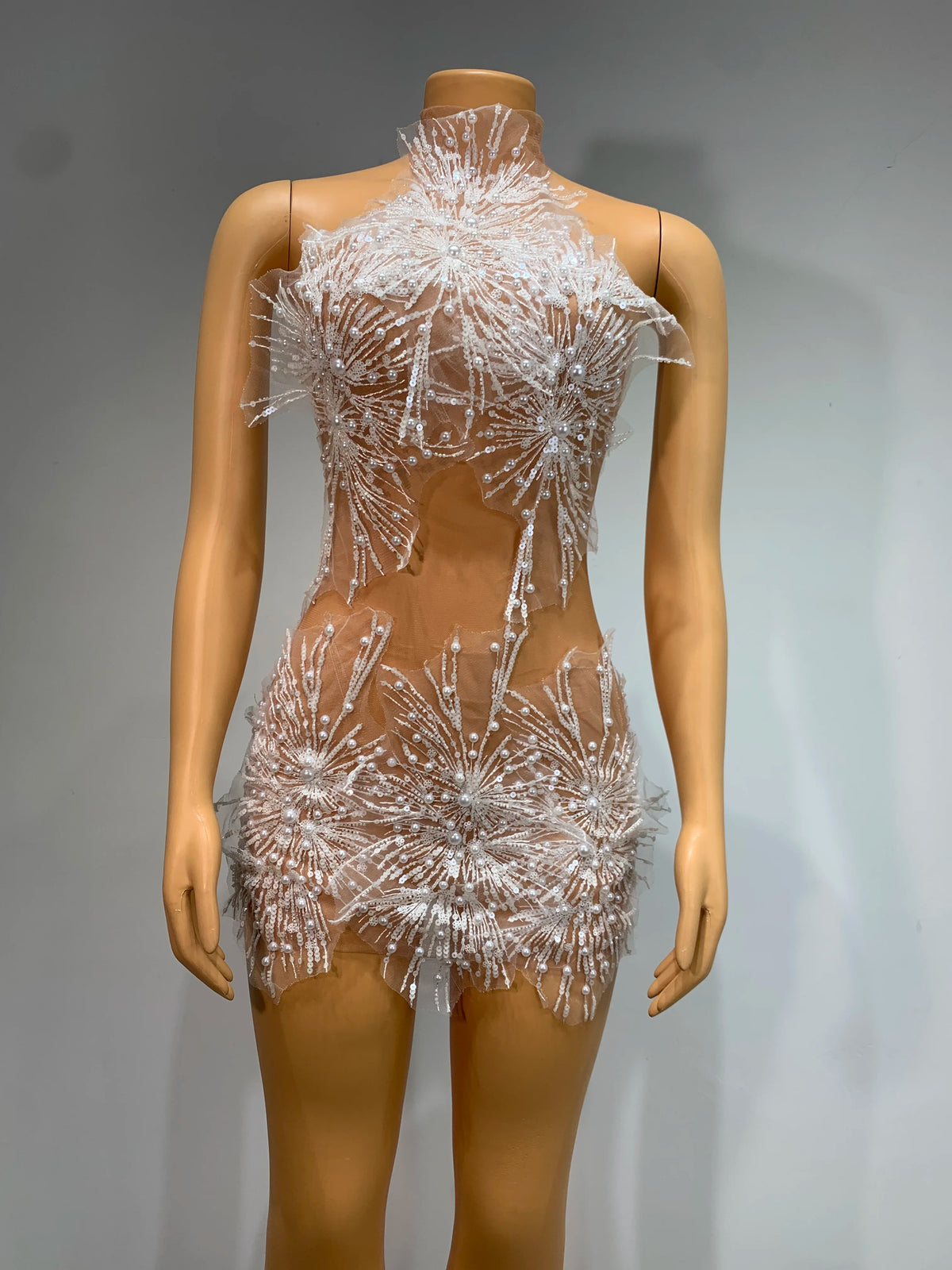 White Beaded High-Neck Sheer Mesh Mini Dress