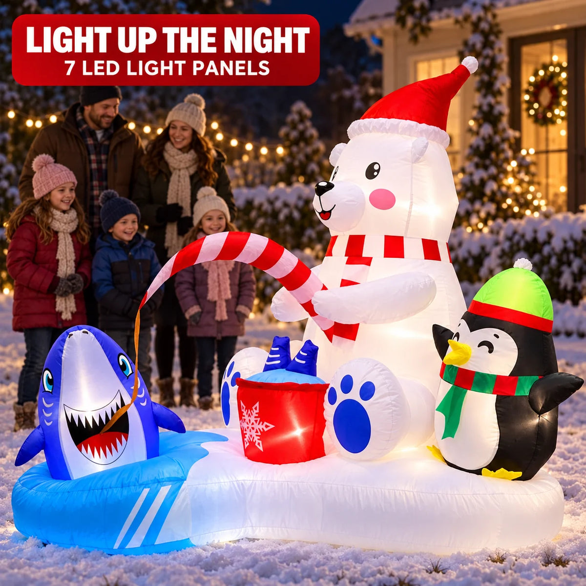 LED Christmas Inflatable Polar Bear Fishing Scene with Penguin & Shark