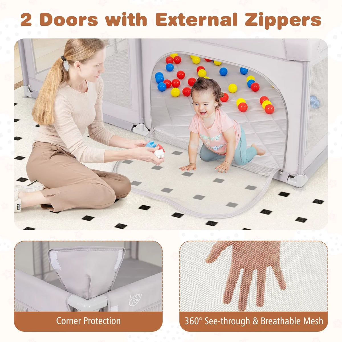 Mesh Baby Playpen with Zippered Access Doors