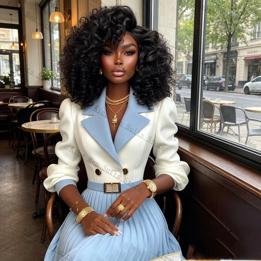 Contrast-Lapel Blazer & Pleated Skirt Suit