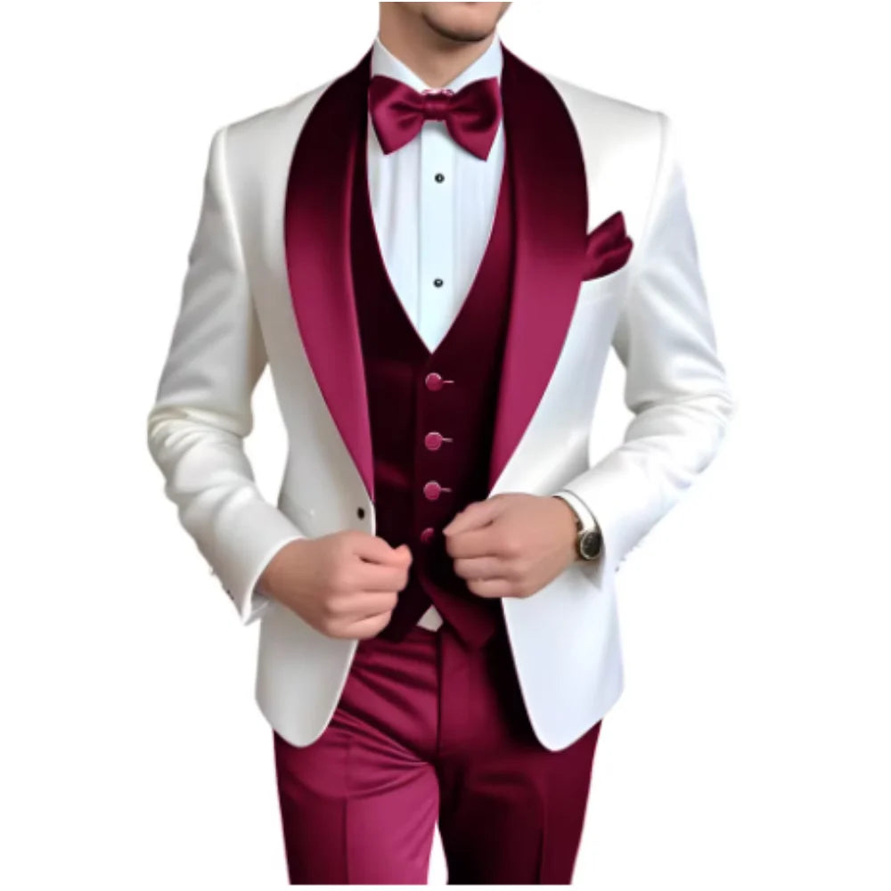Customized Men's 3-Piece Tuxedo with Shawl Lapel Smoking Suit Wedding Groomsmen Formal Party Blazer Vest Pants Ternos Masculinos