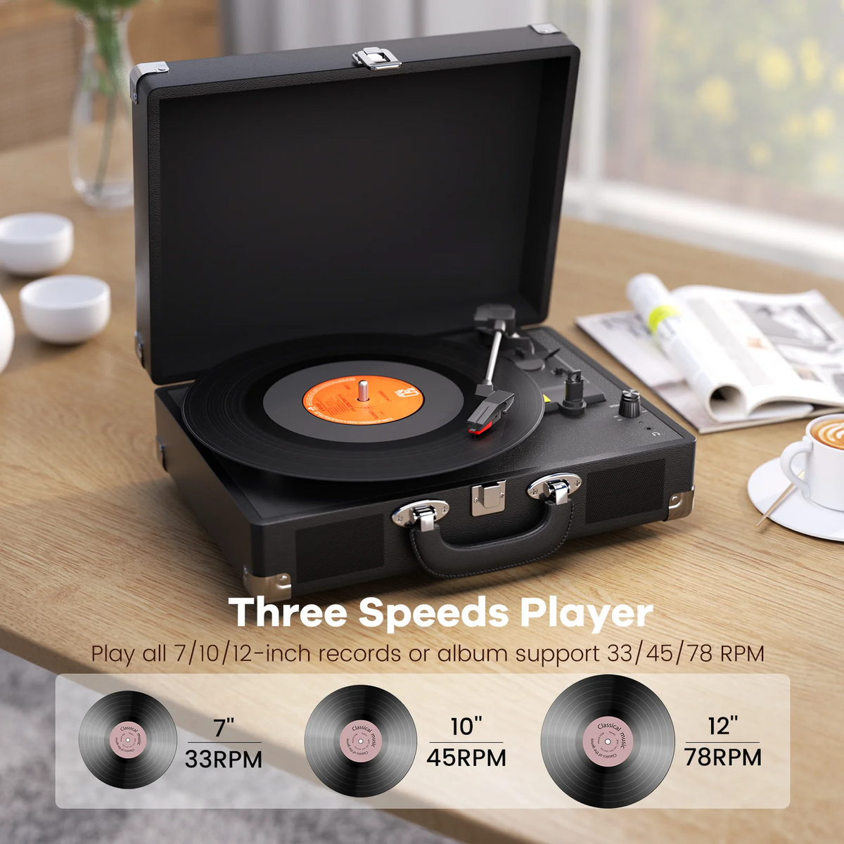 MAIO 3-Speed Suitcase Record Player with Built-In Speakers