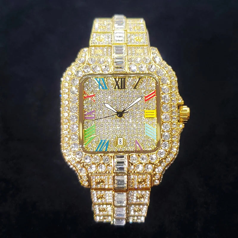 Men's Iced-Out Square Quartz Watch with Colorful Roman Numerals