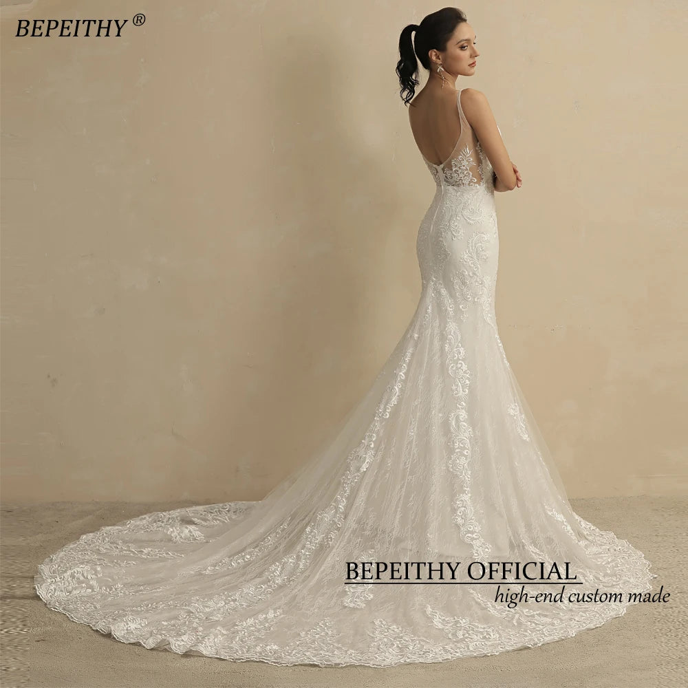 Ivory V-Neck Lace Mermaid Wedding Gown with Court Train
