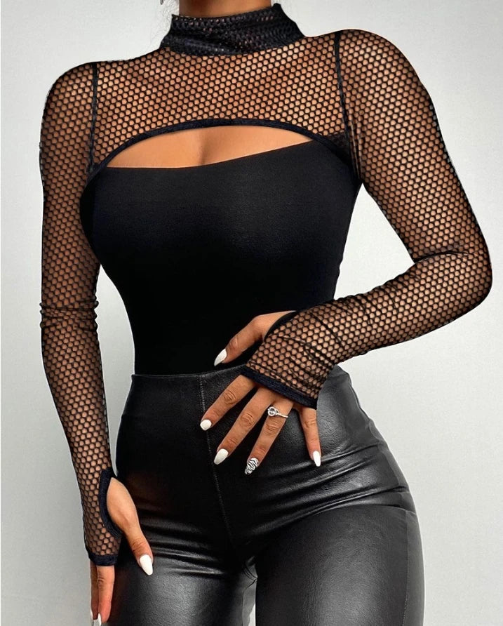 Women's Mesh Cutout Mock-Neck Long-Sleeve Top