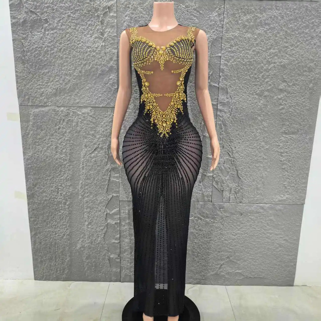 Black and Gold Embellished Sheer Mesh Evening Dress