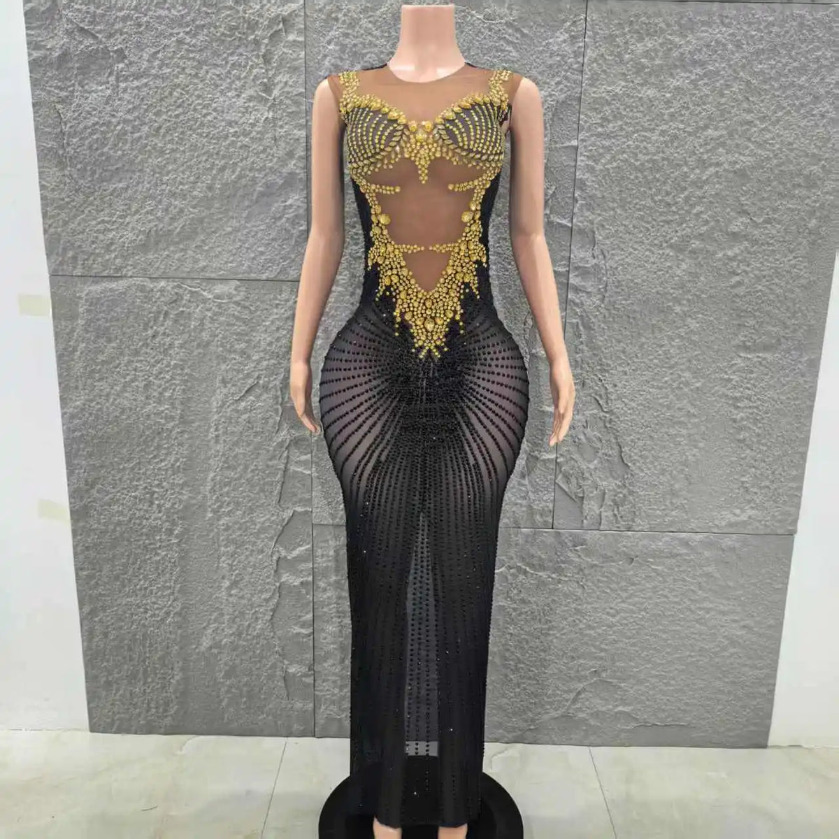 Black and Gold Embellished Sheer Mesh Evening Dress