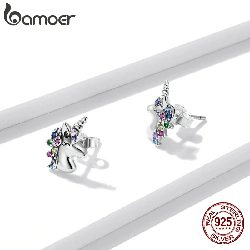 Rainbow Zircon Unicorn Stud Earrings in 925 Sterling Silver