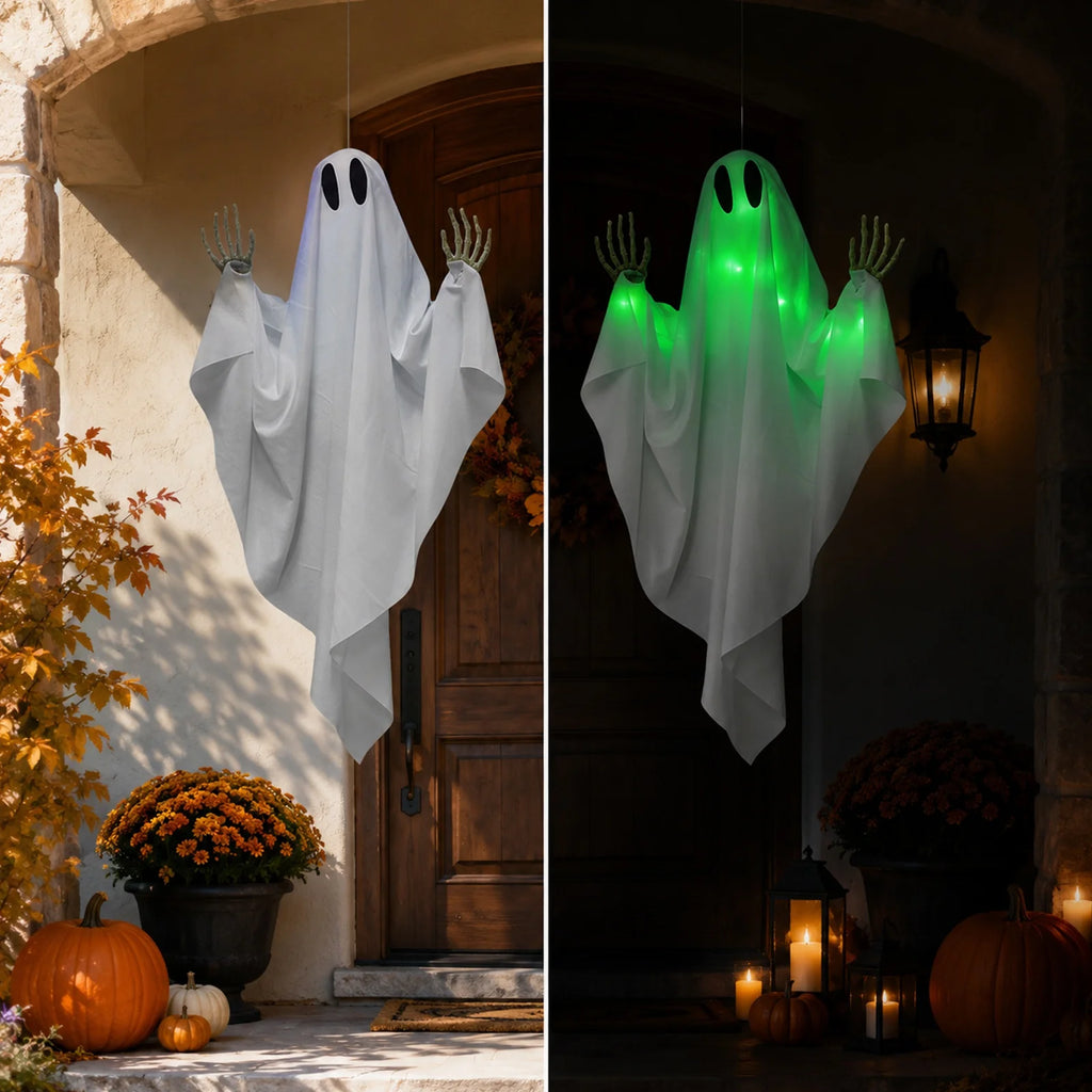 Green Light-Up Hanging Halloween Ghost – Skeleton Hands