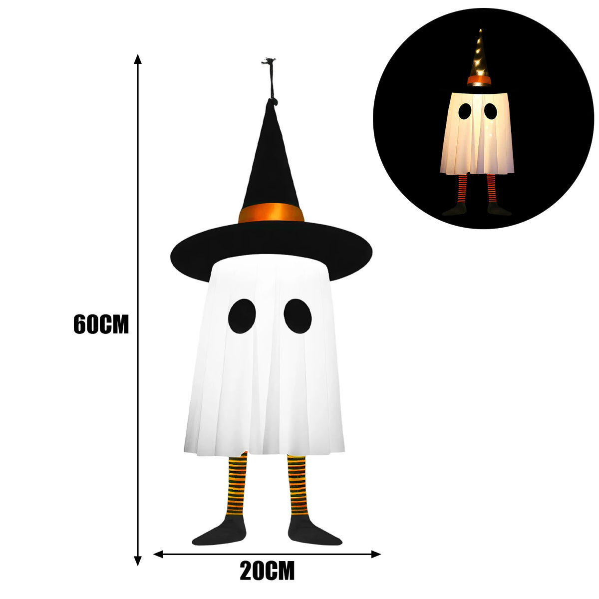 Light-Up Hanging Halloween Ghost with Witch Hat – One Piece