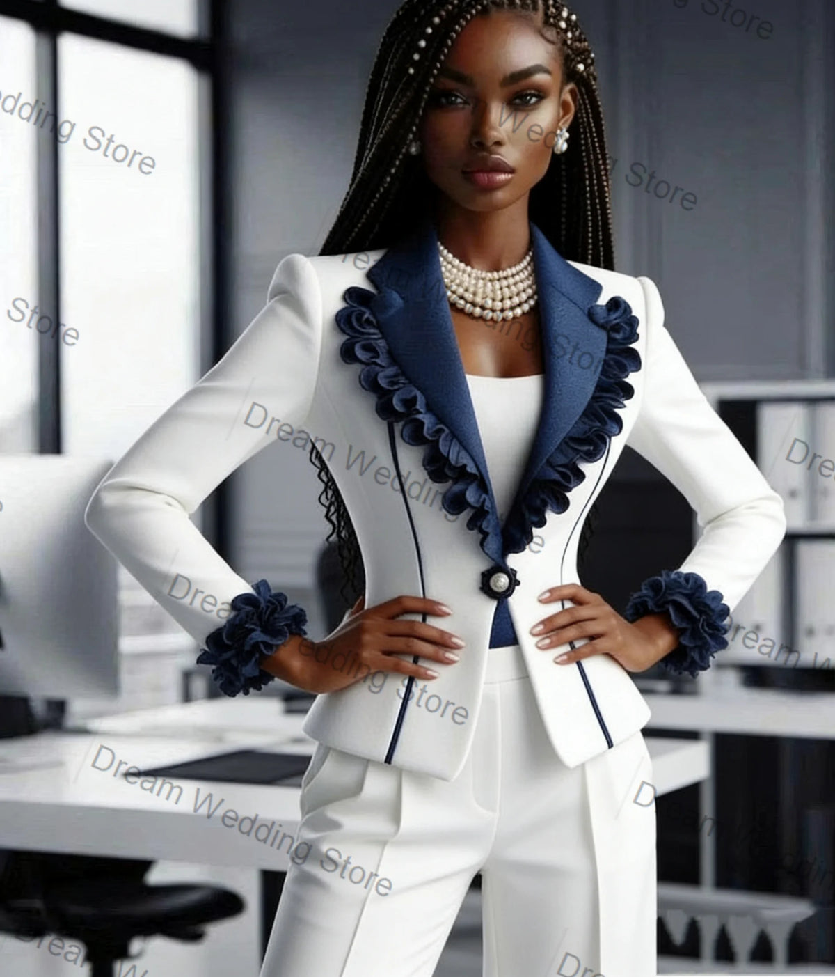 Contrast Ruffle-Trim Blazer & Pants Suit Set
