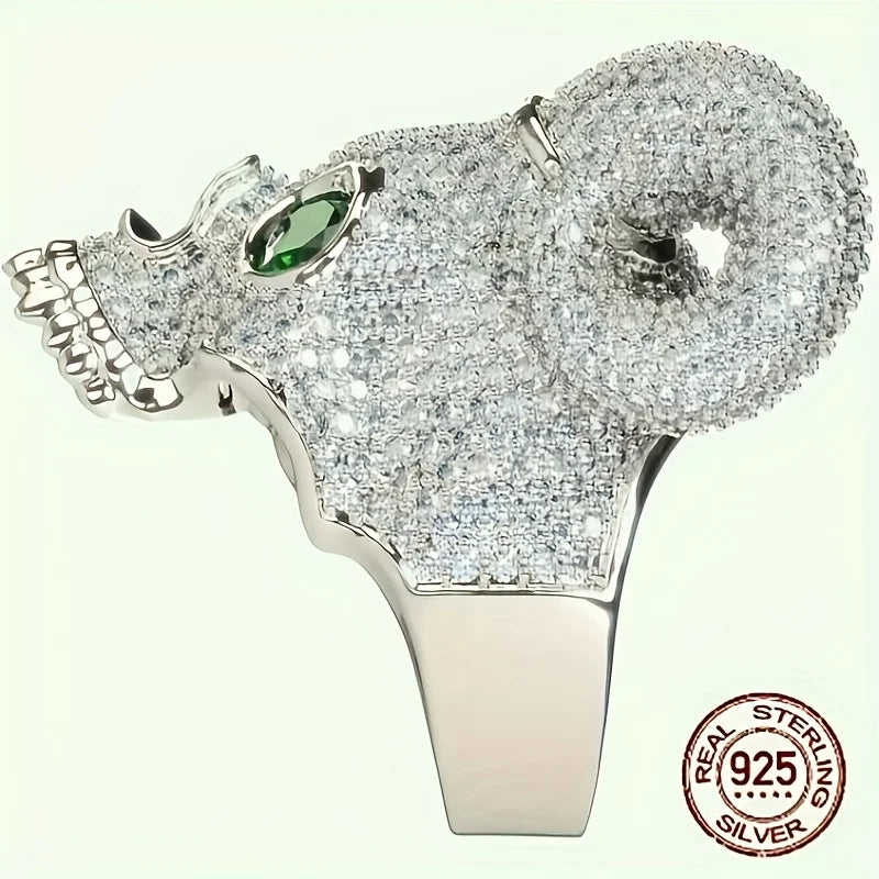 Gothic Horned Skull Ring with Green Eyes