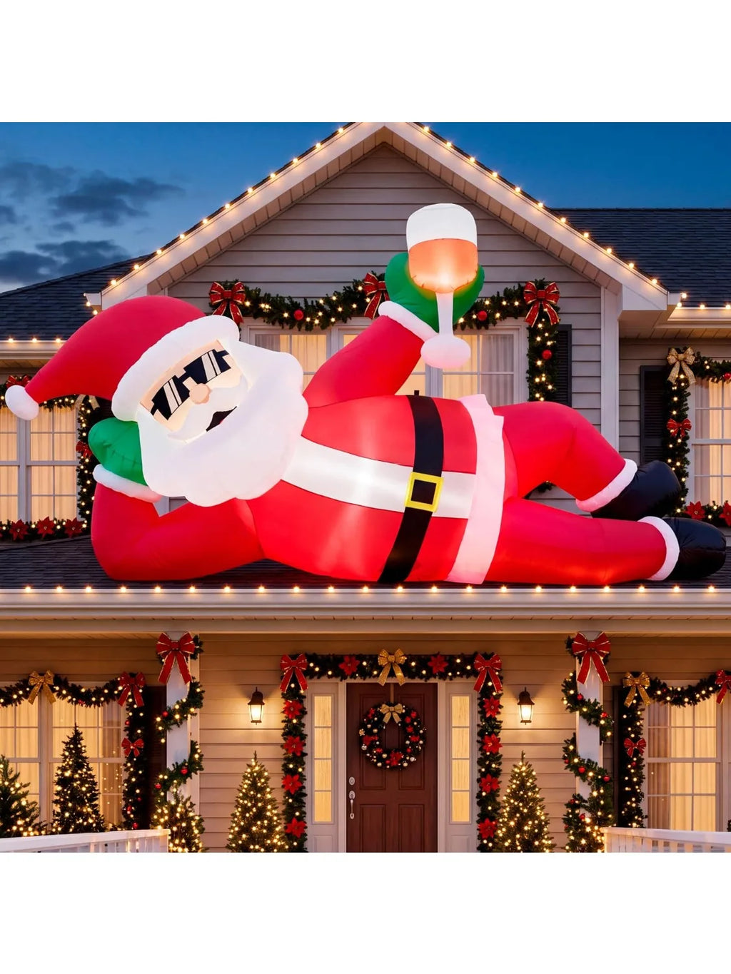 9FT Giant Christmas Inflatable Santa Outdoor Decoration Lying Santa Claus Christmas Blow Ups Yard Decorations with Built‑in LED Lights for Xmas Roof Lawn Garden Patio Holiday Party Decor