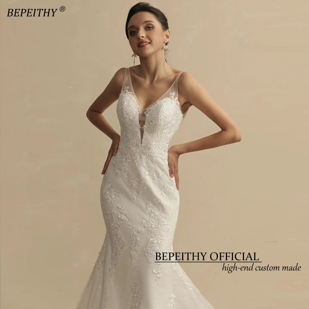 Ivory V-Neck Lace Mermaid Wedding Gown with Court Train